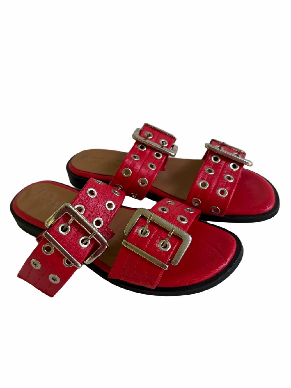 GIASONE Red Leather Buckle Two-Strap Sandals Women’s Size EU38 US 7.5